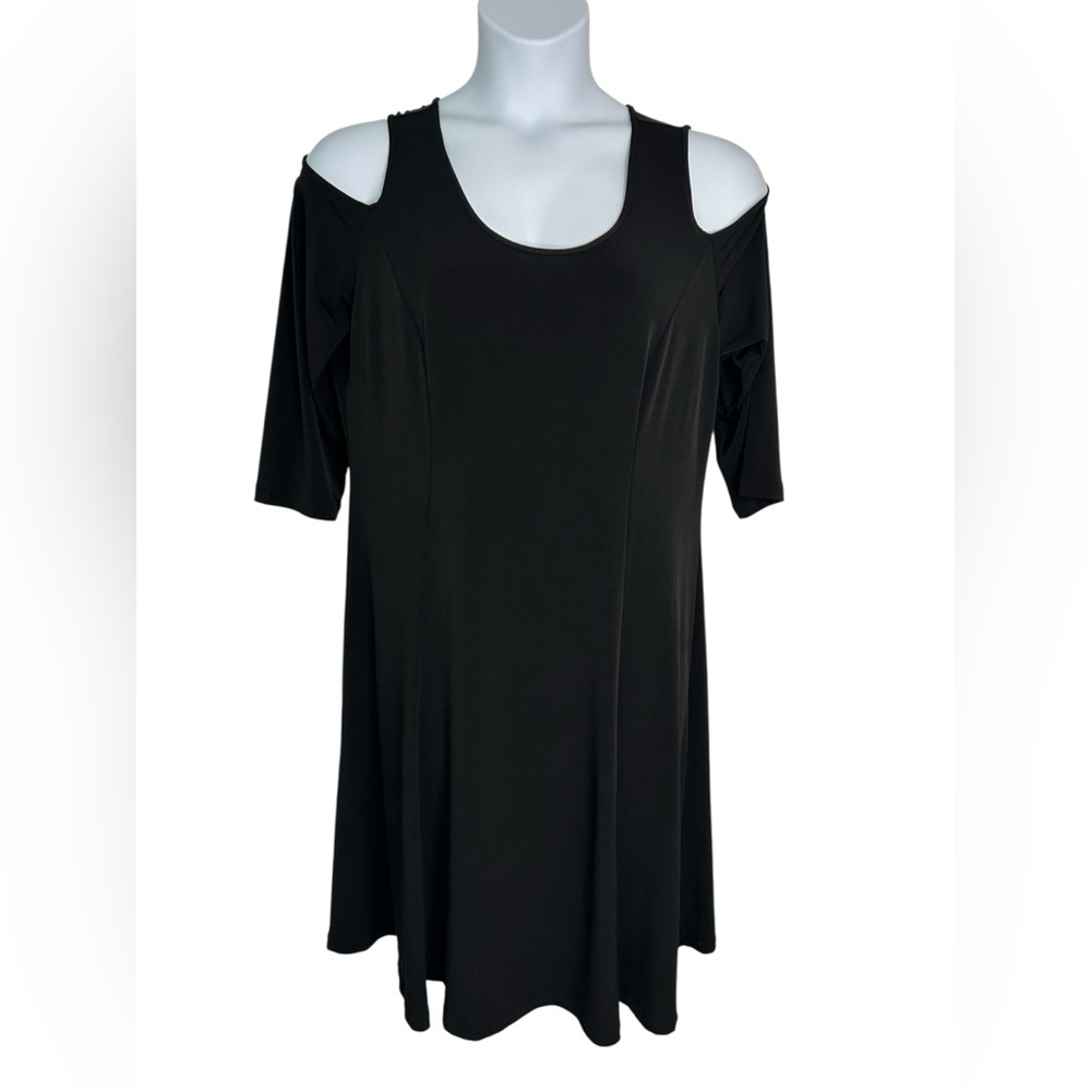 Susan Graver 3/4 Sleeve Black Cold Shoulder Liquid Knit A Line Dress Size L